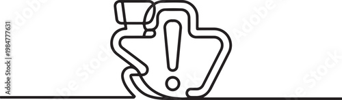 Car engine warning icon with an exclamation mark drawn in a simple, continuous one line art style, symbolizing a vehicle malfunction.one line drawing vector illustration