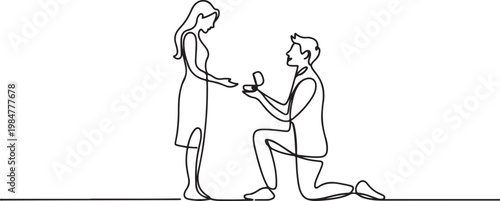 Continuous line drawing of a man on one knee proposing to a woman, offering a ring in a small box, depicted with a minimalist, romantic, and elegant.one line drawing vector illustration