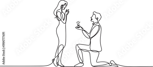 Continuous line drawing of a man on one knee proposing to a woman, offering a ring in a small box, depicted with a minimalist, romantic, and elegant.one line drawing vector illustration
