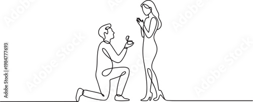 Continuous line drawing of a man on one knee proposing to a woman, offering a ring in a small box, depicted with a minimalist, romantic, and elegant.one line drawing vector illustration