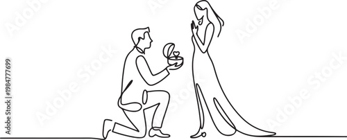 Continuous line drawing of a man on one knee proposing to a woman, offering a ring in a small box, depicted with a minimalist, romantic, and elegant.one line drawing vector illustration