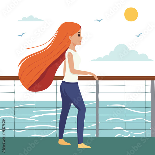 Woman walking along seaside promenade under bright sunlight vector illustration