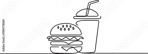 Continuous one line drawing of a hamburger and soda drink combo in a minimalist black and white style.one line drawing vector illustration