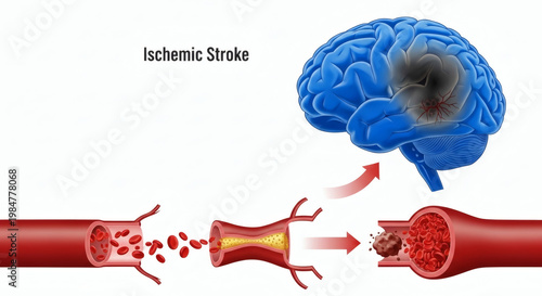 Ischemic stroke diagram showing brain damage and arterial blockage