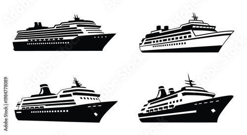 Black and white graphic depicting four different cruise ship silhouettes