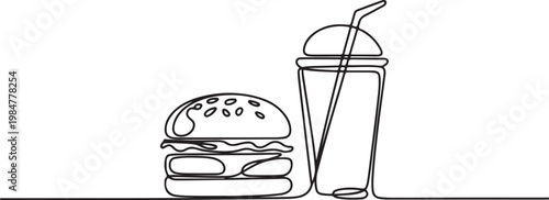 Continuous one line drawing of a hamburger and soda drink combo in a minimalist black and white style.one line drawing vector illustration