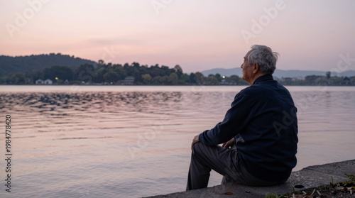 Serene Elderly Man Reflecting by Calm Water at Dusk