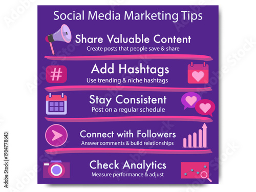 Social media marketing tips infographic with icons content strategy engagement analytics guide design