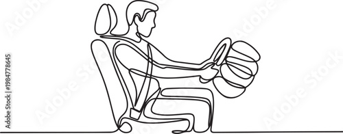 Continuous one line drawing of a person experiencing an airbag deployment while sitting in a car seat with a seatbelt fastened.one line drawing vector illustration