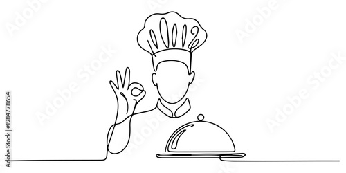 Chef serving dishes one continuous line art, Vector illustration, One line art, Line art graphic style, One continuous line drawing of young male chef pose casually while giving excellent food taste.