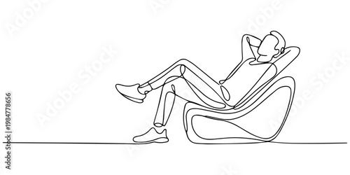 a person relaxing in a reclining position on a curved chair continuous line drawing, Reclining person continuous one line drawing minimalism design, a serene environment from a top viewpoint minimal.
