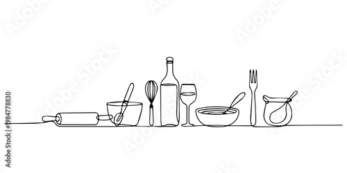 Cooking Pattern. kitchen and dining items arranged continuous line drawing, Continuous line drawing of kitchen utensils on table, bottle and a glass on fork, and bowl with spoons, viewed from the side