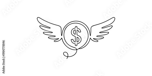 Continuous line drawing of a dollar coin with wings representing the concept of fast movement, continuous line drawing of dollar coin with wings. Flying money. Economy, finance, money pictogram. Wealt