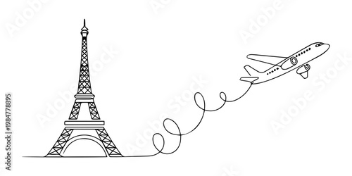 Plane to Paris drawn in one continuous line. One line drawing, minimalism. Vector illustration, Continuous one line drawing of Paris Eiffel tower with airplane path. French landmarks and city architec