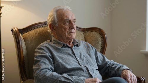 Thoughtful Elderly Man Seated in Elegant Armchair in Quiet Room
