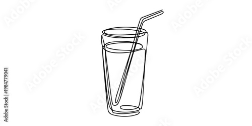 Continuous line drawing vector illustration, Glass of water with ice, old drink with a straw for drinking, Drink Glass with ice cubes. Cocktail with straw line art style icon. minimal style pro concep