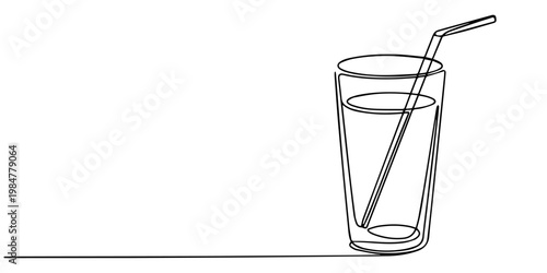 Continuous line drawing vector illustration, Glass of water with ice, old drink with a straw for drinking, Drink Glass with ice cubes. Cocktail with straw line art style icon. minimal style pro concep