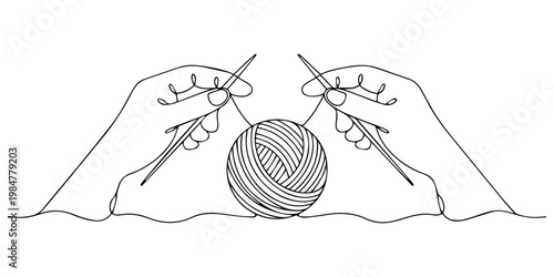 hands holding knitting needles and yarn continuous one line drawing, A hand knitting yarn in a continuous line. Single line drawing vector illustration. Editable stroke, celebrating Worldwide Knit in.