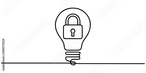 Continuous one line drawing of  padlock inside lighting bulb, idea protection hand drawn, The brilliance of an idea that no one else can claim. World Intellectual Property Day. Single line draw design