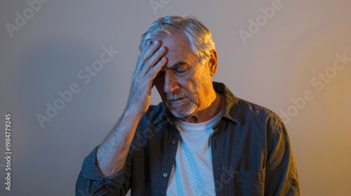 Elderly Man with Gray Hair Expression of Stress and Worry in Light