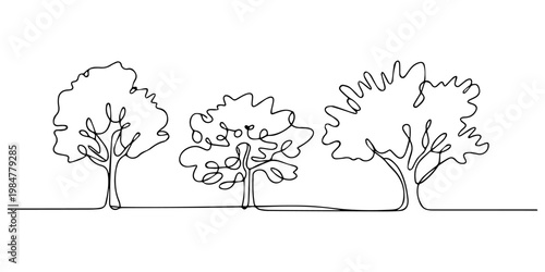 abstract sprawling branching three trees in a row, a forest of oak and birch Continuous One Line Drawing,Three leafy tree with roots and trunk nature environment concept in minimalist linear style.