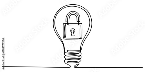 Continuous one line drawing of  padlock inside lighting bulb, idea protection hand drawn, The brilliance of an idea that no one else can claim. World Intellectual Property Day. Single line draw design