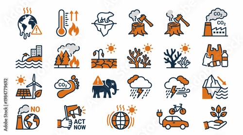 Climate change and global warming icons representing environmental issues, pollution, and renewable energy solutions for a sustainable future