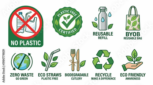 Comprehensive collection of eco-friendly vector icons promoting sustainable living, plastic reduction, zero waste principles, and environmental responsibility for a greener future