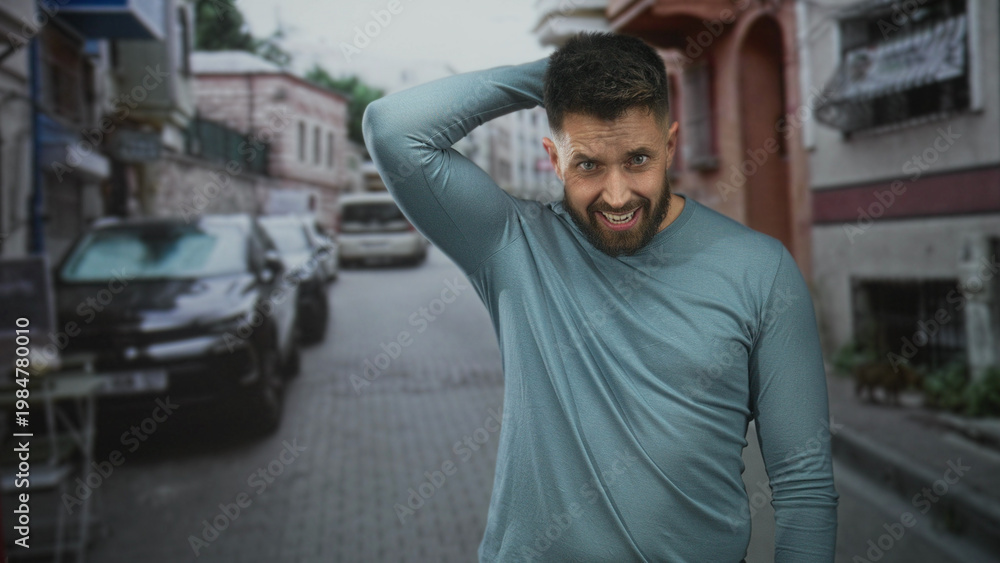 Fototapeta premium Man with beard scratches neck with hand on a narrow street between parked cars and old buildings, grimacing in discomfort; awkwardness hesitation.
