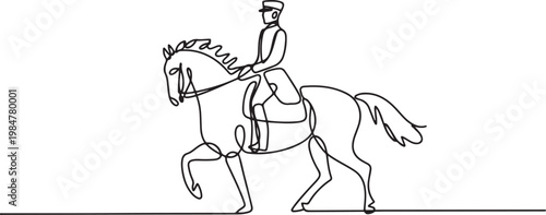 Equestrian monument drawn with a single unbroken black line showing a uniformed rider on a graceful horse.one line drawing vector illustration