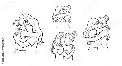 Line art illustrations depicting affectionate women embracing and hugging