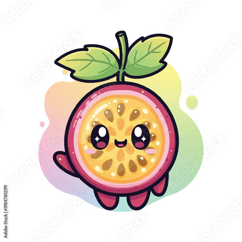 Cute Kawaii Passion Fruit Character with Big Eyes.