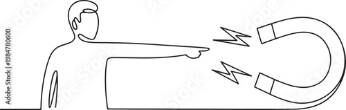 Minimalist line art illustration shows a person pointing towards a U-shaped magnet, with lightning bolts symbolizing attraction.one line drawing vector illustration