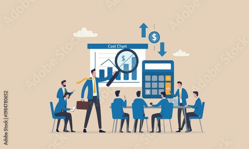 Cost rocket more profit concept, smart businessman using magnifying glass to analyze cost chart with calculator