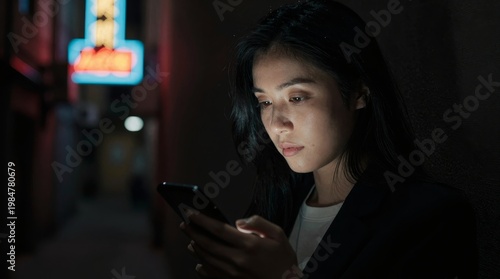 Young Woman Using Smartphone in Urban Alley at Nighttime