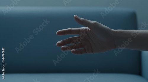 Human Hand Reaching Out Towards Empty Couch in Soft Lighting