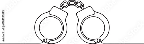 Pair of police handcuffs illustrated in a continuous single line drawing style, a minimalist symbol of law, arrest, and the criminal justice system.one line drawing vector illustration