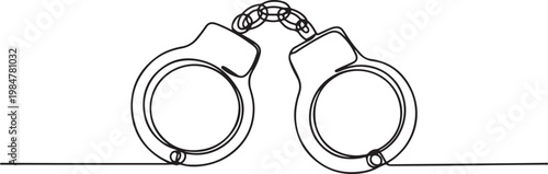 Pair of police handcuffs illustrated in a continuous single line drawing style, a minimalist symbol of law, arrest, and the criminal justice system.one line drawing vector illustration