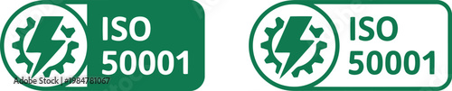 ISO 50001 energy management certification icon set, green compliance label for sustainability and efficiency standards