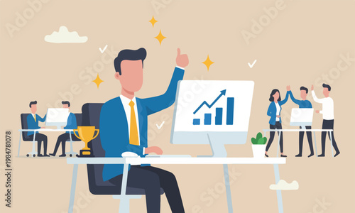 Success winning work strategy, happiness in workplace or career development, work satisfaction concept, happy businessman working office computer desk