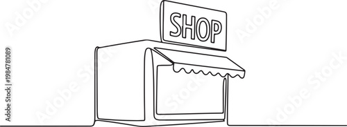 Simple continuous line drawing of a shop building with an awning and a sign displaying "SHOP", rendered in a minimalist.one line drawing vector illustration
