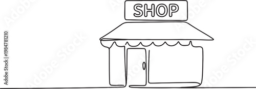 Simple continuous line drawing of a shop building with an awning and a sign displaying "SHOP", rendered in a minimalist.one line drawing vector illustration