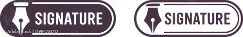 Signature label icons with fountain pen nib symbol in black and white for document authentication and branding