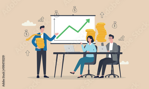 Success together mountain pension fund, prosperity concept, rich businessman with coin stack growth chart