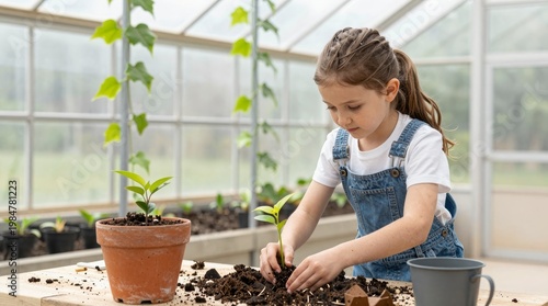 Young Girl Planting Seedling in Potting Soil in Greenhouse Setting