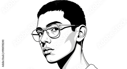 Stylized Black and White Portrait of Young Man Wearing Glasses.