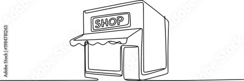 Simple continuous line drawing of a shop building with an awning and a sign displaying "SHOP", rendered in a minimalist.one line drawing vector illustration