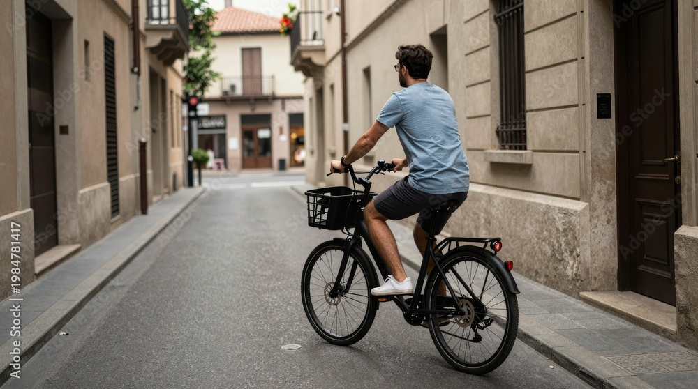 Fototapeta premium Young Man Cycling Down a Quiet Urban Street in Summer Morning Light