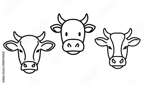cow, face, cute, animal, icon, mascot, farm, cattle, horns, ears, nose, black, white, lineart, minimal, simple, clean, uniform, stroke, cartoon, character, symbol, logo, vector, eps, design, flat, mod