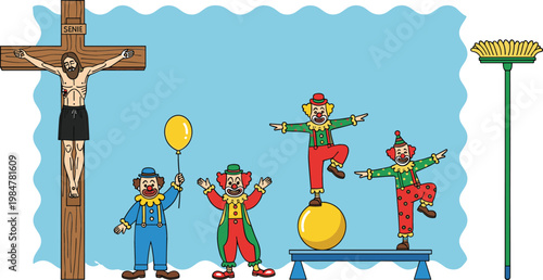 Circus Clown Characters Performing Tricks with Ball and Balloon, Christian Crucifix Jesus Cross Symbol and Cleaning Broom Vector Illustration Set